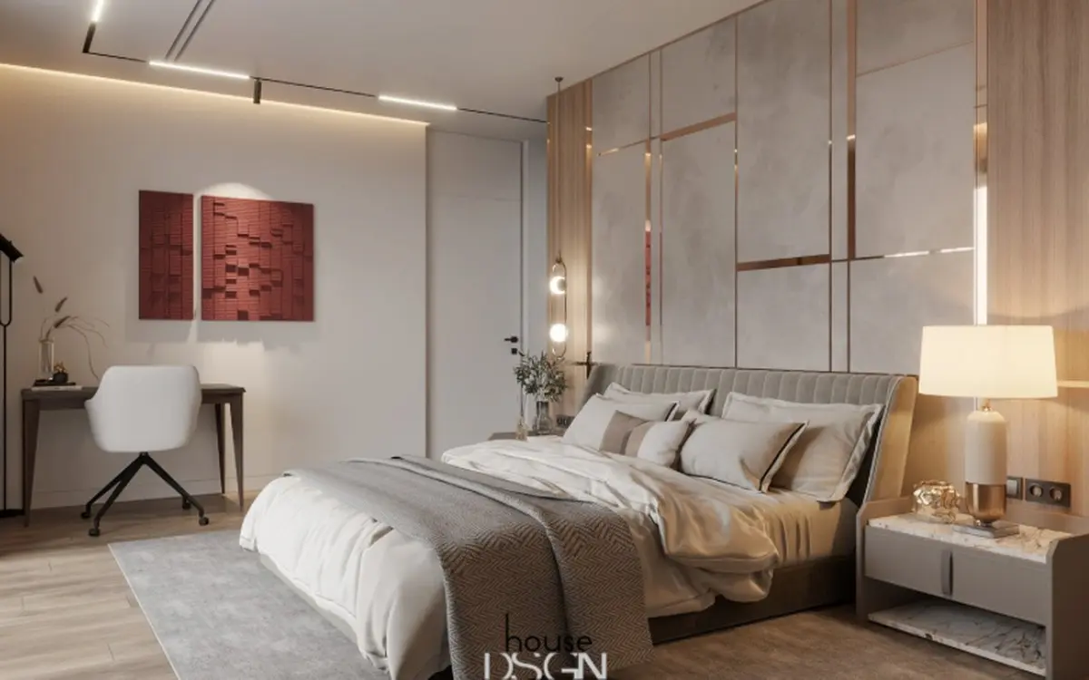 Phòng ngủ sử dụng gam màu be với điểm nhấn là hệ thống đèn led sang trọng
