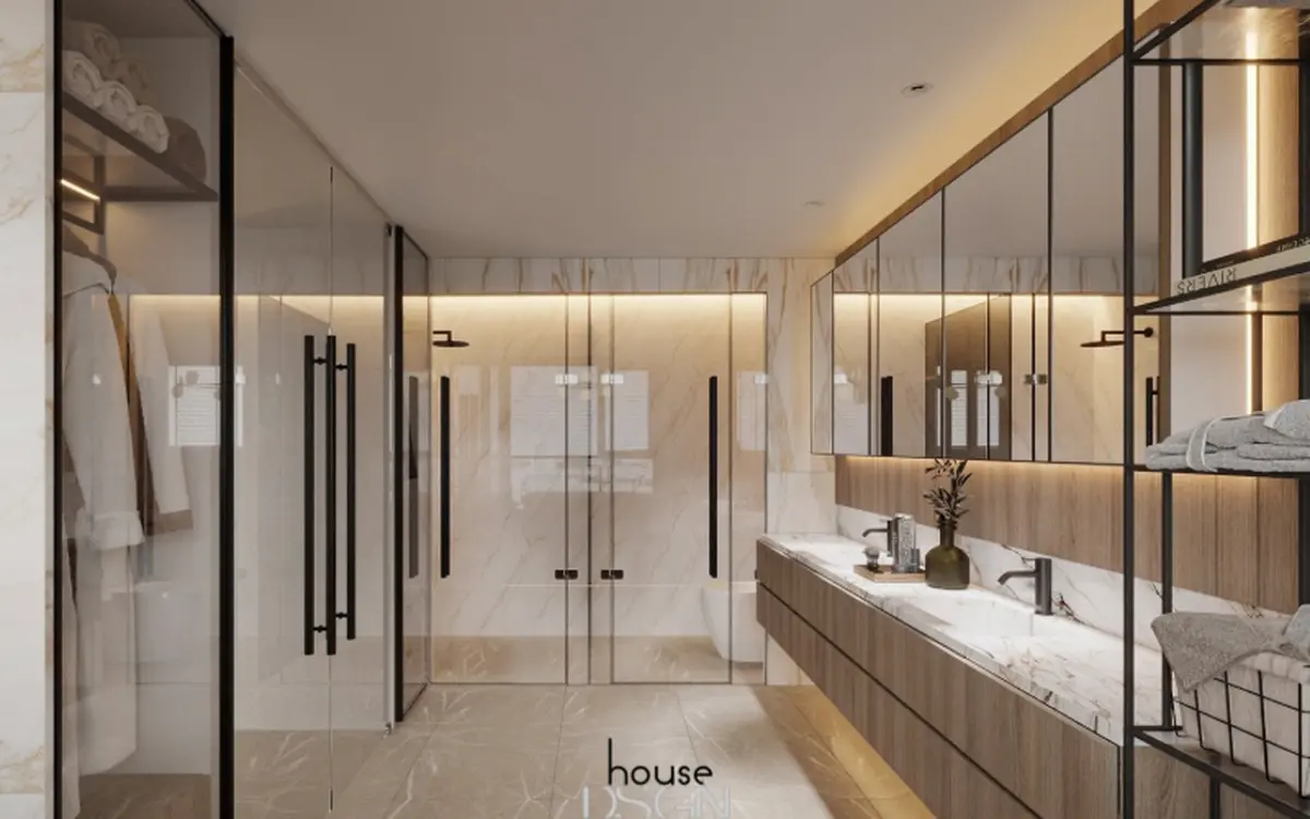 Khu vực phòng tắm với chất liệu kính hiện đại là chủ đạo