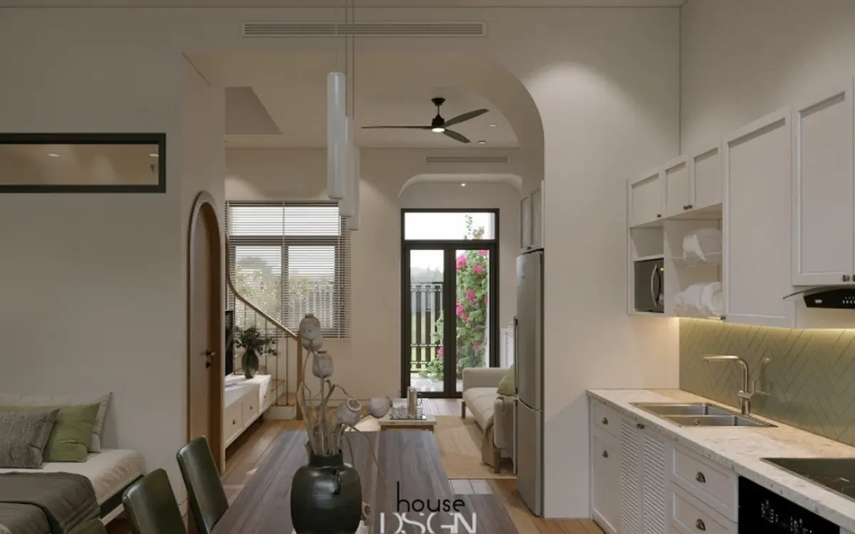 Khu vực bếp ăn với đầy đủ nội thất, tủ bếp hình chữ I tối ưu diện tích